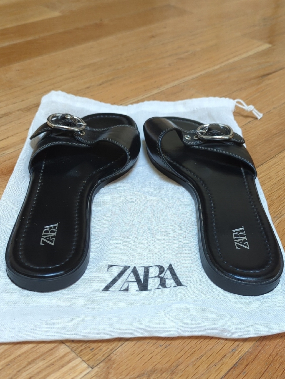 Zara Black Slide Flat Slippers/Sandals with Silver Tone Buckle Size 37 (6.5 US) - Picture 7 of 9